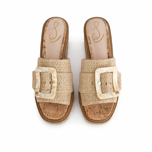 Sam Edelman Shoes - Sam Edelman Raffia Platform Slides Sz 9 Woven Buckle Chunky Sandals Resort Boho